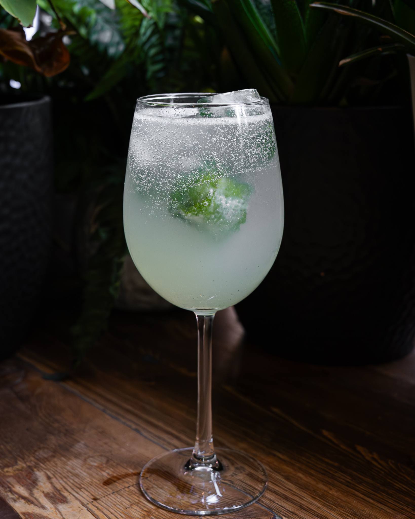 A cloudy white sparkling cocktail with mint in a large wine glass, surrounded by plants.